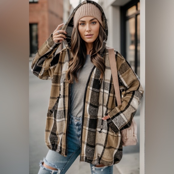 Plaid Zip Up Drawstring Hooded Jacket - Picture 1 of 3